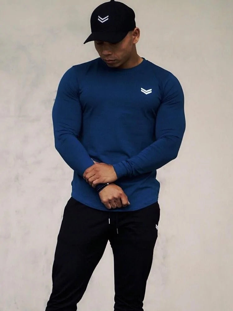 Men's Solid Color Long Sleeve Cotton T-Shirt: Spring Jogger Sports Muscle Exercise